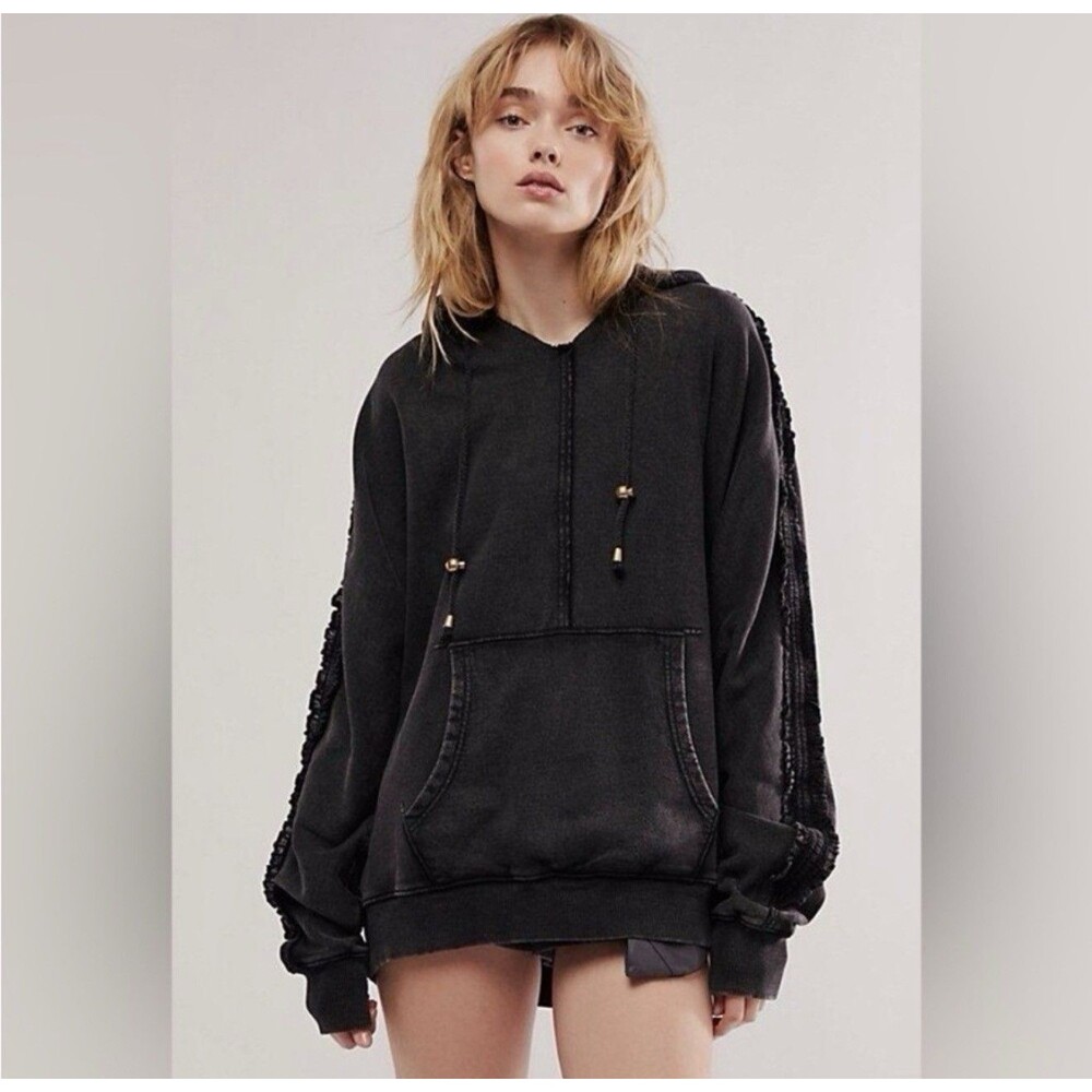 Free People XOXO Hoodie Sweatshirt Black Oversized Raw Seam Ruffle Sleeve Small